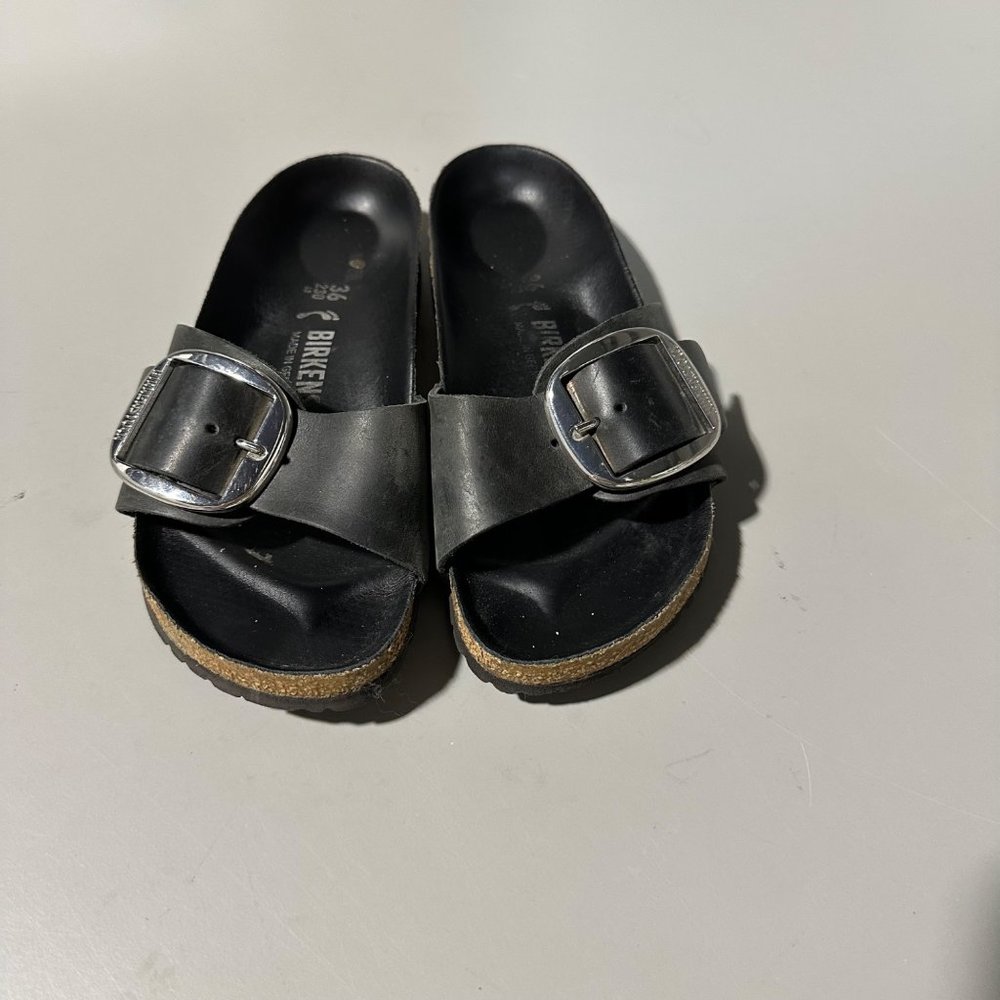 Birkenstock Black Single Strap Slide Sandal with Silver Buckle - Picture 3 of 7
